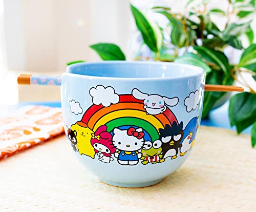 Toynk Sanrio Hello Kitty and Friends Rainbow Ceramic Dinnerware Set | Includes 20-Ounce Ramen Noodle Bowl and Wooden Chopsticks
