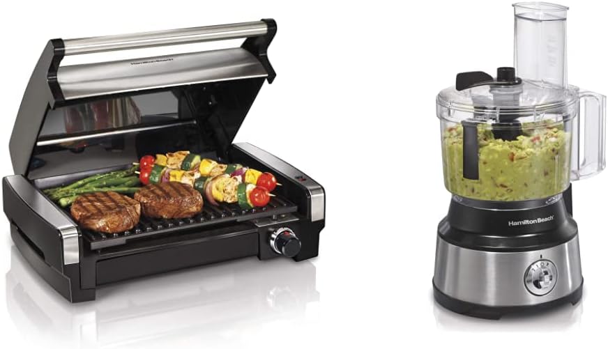 Hamilton Beach Electric Indoor Searing Grill, 118 sq. in. Surface Serves 6, Stainless Steel & Food Processor & Vegetable Chopper, 10 Cups - Bowl Scraper, Stainless Steel
