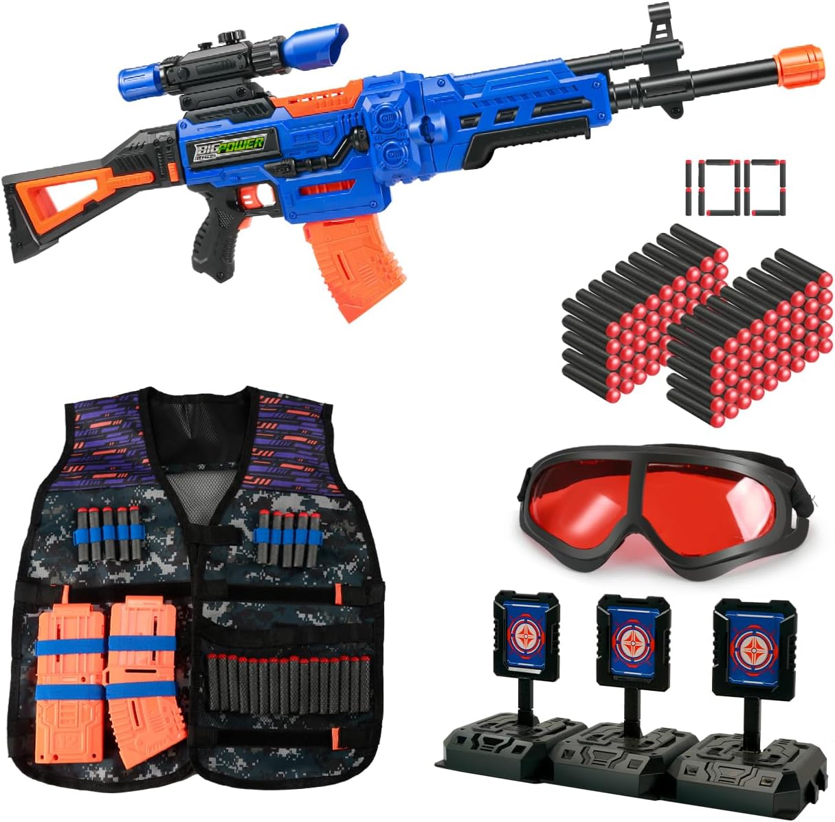 Bigpower Electric Kids Toy Sniper Rifle with Scope Tactical Vest Kit,4 in 1 Automatic Kids Sniper Rifle Toy Guns for Boys 8-12,Rifle Dart Guns for Adults，Toy Guns with Removable Magazines（2 Pieces