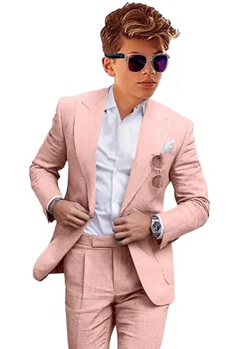 Boys Linen Suits Casual 2 Piece Summer Beach Wedding Tuxedo Suit for Boy Ring Bearer Outfit