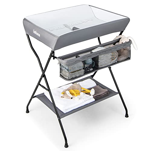 INFANS Baby Changing Table, Folding Diaper Station Portable Nursery Organizer with Safety Belt and Large Storage Racks for Newborn Baby and Infant (Black)