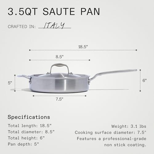 Made In Cookware - 3.5 Quart Non Stick Saute Pan With Lid - 5 Ply Stainless Clad - Professional Cookware - Crafted in Italy - Induction Compatible