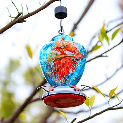 Hummingbird Feeder with Perch - Hand Blown Glass - Red - 38 Fluid Ounces Hummingbird Nectar Capacity Include Hanging Wires and Moat Hook