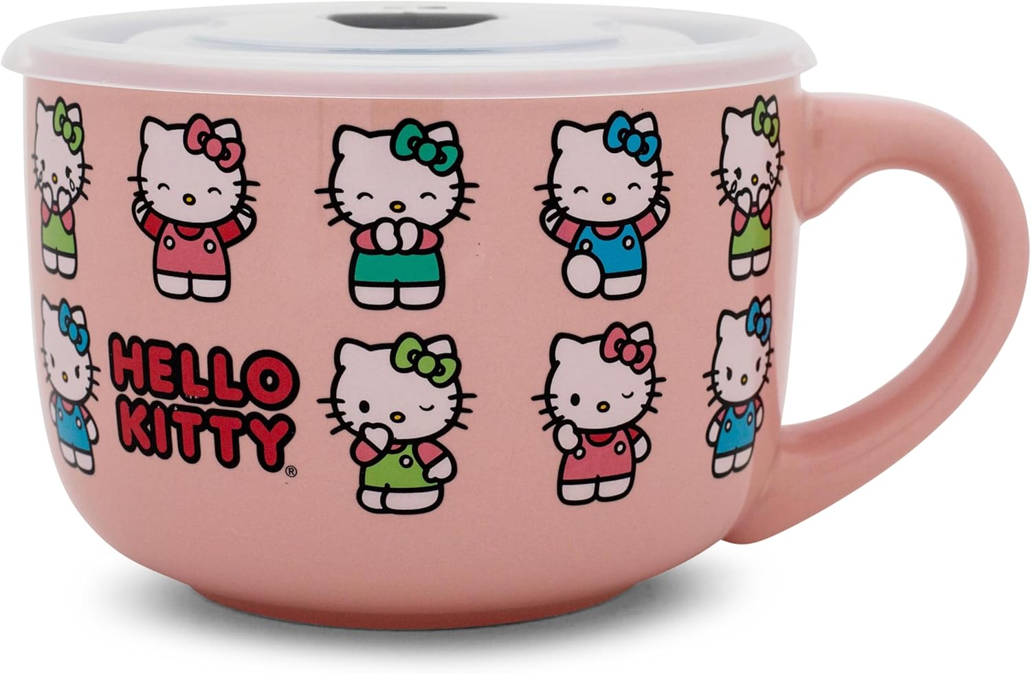 Sanrio Hello Kitty Expressions Ceramic Soup Mug Bowl With Vented Lid and Handle For Ice Cream, Cereal, Beverages | Holds 24 Ounces