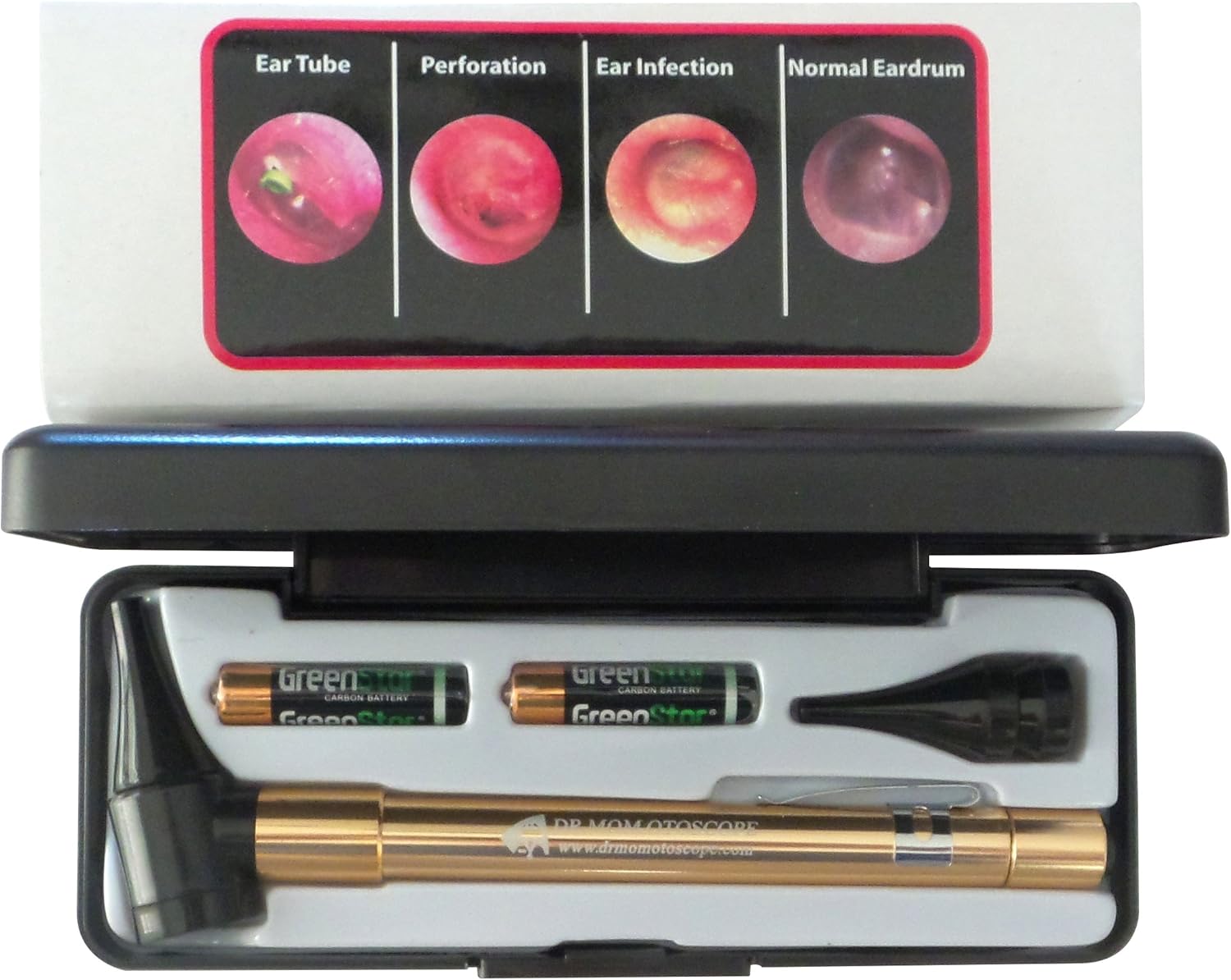 Hard CASE - Third Generation Dr Mom Slimline Stainless LED Pocket Otoscope Now Includes True View Full Spectrum LED and Pocket Clip in Hard Plastic case for Travel - Gold