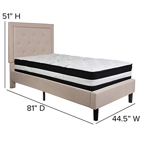 Flash Furniture Roxbury Queen Size Tufted Upholstered Platform Bed in Beige Fabric with Pocket Spring -Mattress