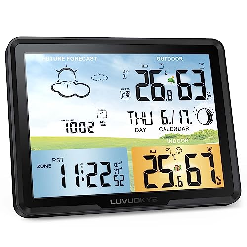 Weather Station Wireless Indoor Outdoor Thermometer, Color Display Digital Thermometer Humidity Monitor with Atomic Clock, Forecast Station with Calendar and Adjustable Backlight for Home