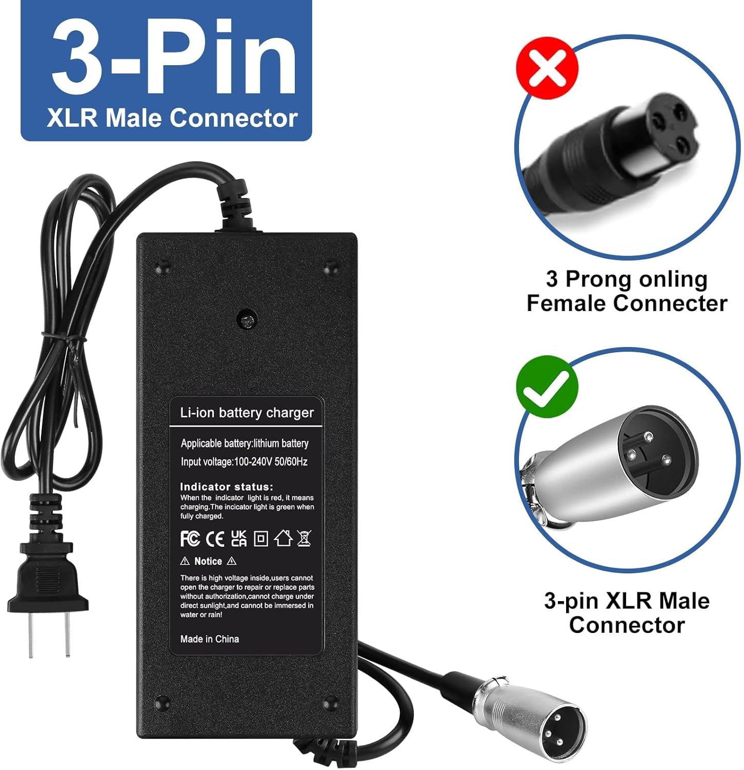 24V 2A 3-Pin XLR Battery Charger for Electric Scooter,Wheelchairs,Go-Go Elite Traveller,Jazzy Power Chair, Pride Mobility, Shoprider, iZip, eZip,Drive Medical, Bladez, Elite Traveller,Plus HD US