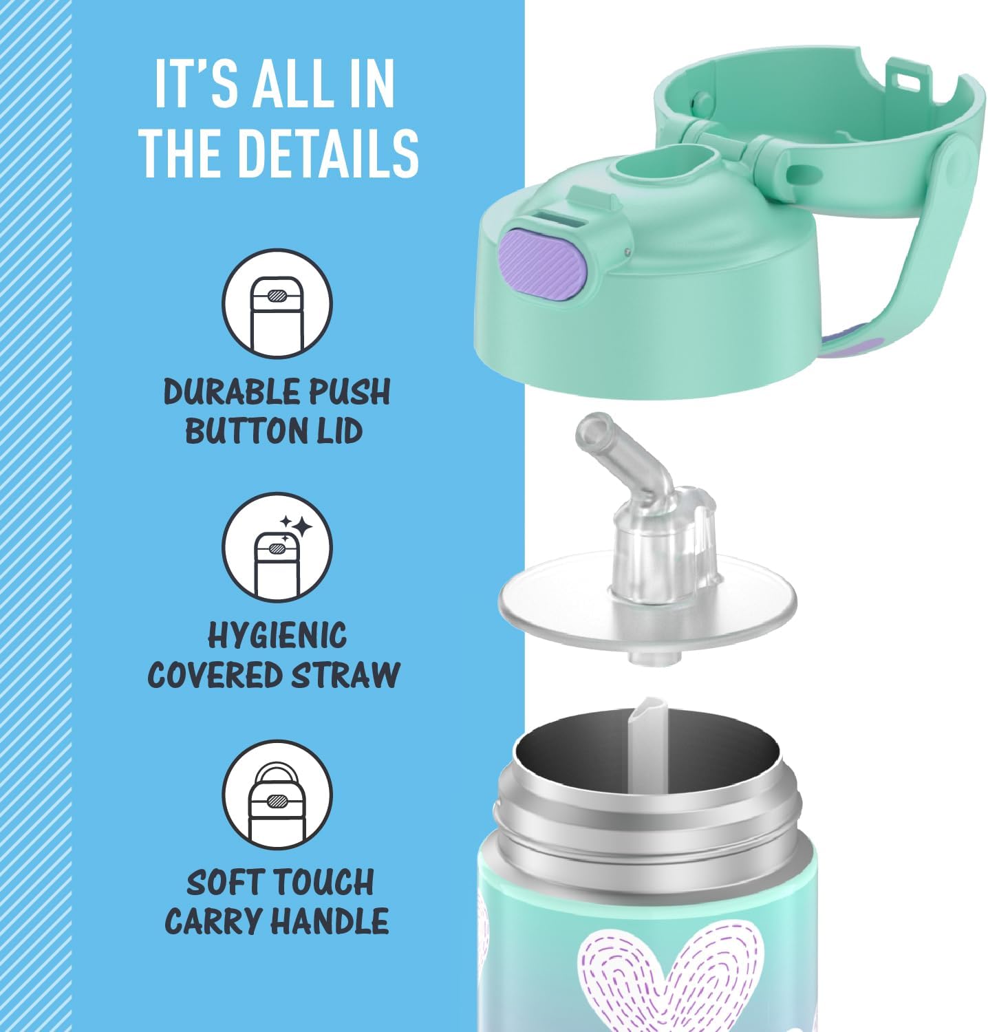 THERMOS FUNTAINER Water Bottle with Straw - 12 Ounce, Purple Hearts - Kids Stainless Steel Vacuum Insulated Water Bottle with Lid