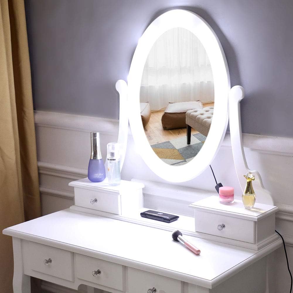 FCH with Light Bulb Single Mirror 5 Drawer Dressing Table White