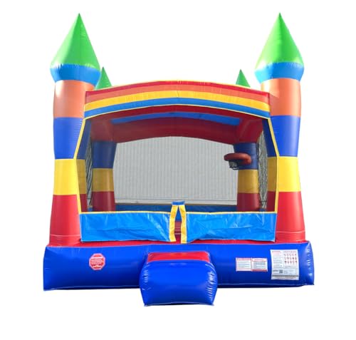 Pogo Bounce House Crossover Inflatable Bounce House, Rainbow Castle, 13 x 12 x 14.5 Foot, Outdoor Playhouse for Kids Outdoor Commercial Bouncer Castle, Basketball Hoop, Blower, Stakes, & Storage Bag