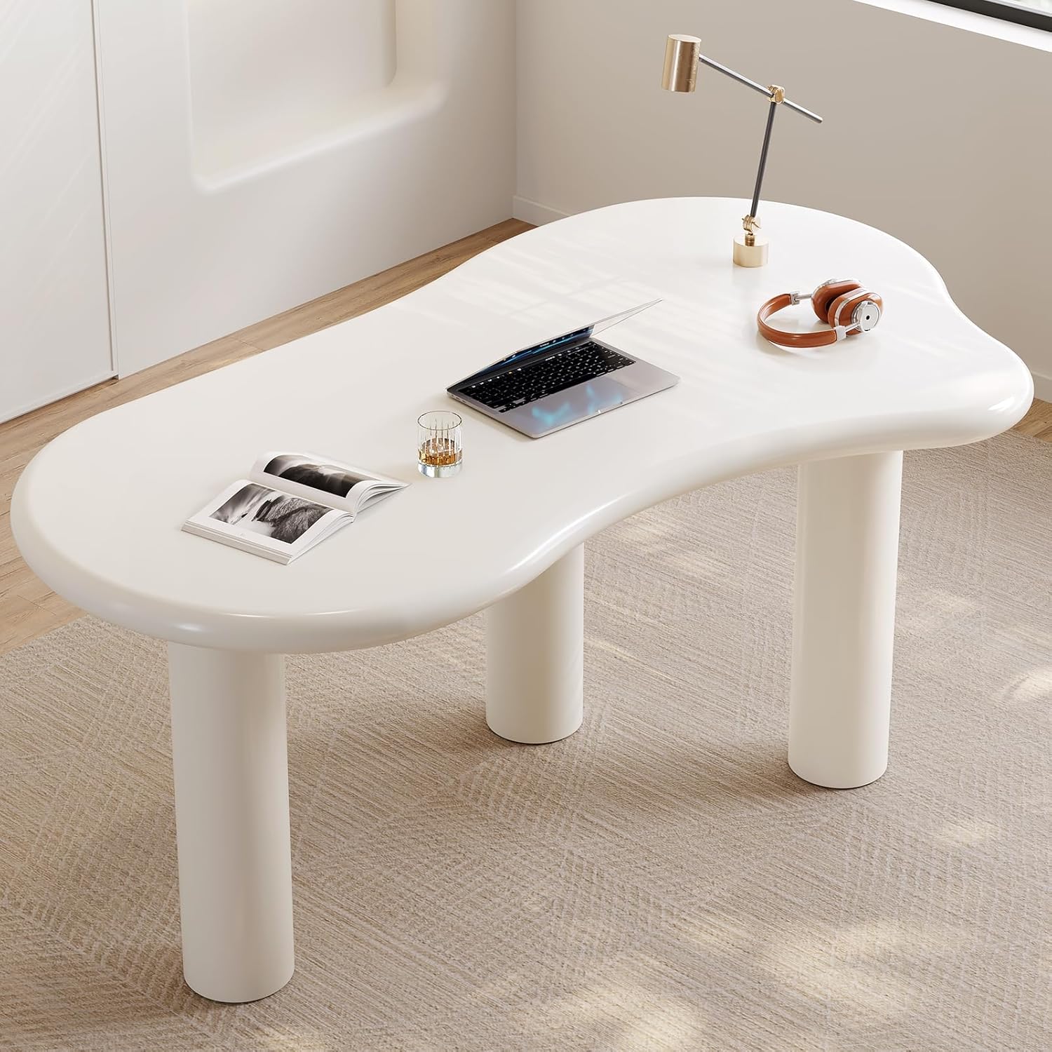 Modern Home Office Desk White Computer Desk Study Table Simple Console Table with 3 Legs Large Gaming Desk for Study Room Iregular