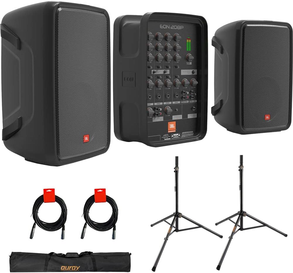 JBL Professional EON208P Portable All-in-One 2-Way PA System Bundle with Auray SS-47S-PB Speaker Stand with Tripod Base and Carrying Case, and 2X 20 XLR-XLR Cables