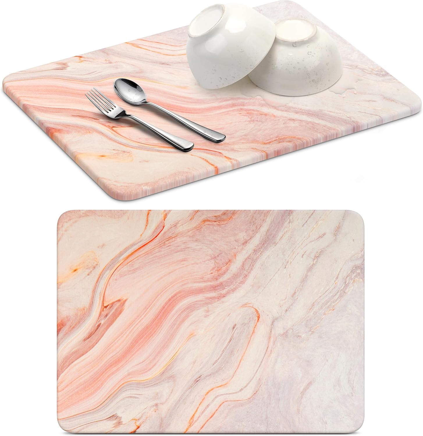 Premium Diatomite Stone Dish Drying Pad: Absorbent Eco-Friendly Kitchen Pad for Quick Drying - Non-Slip Surface, Easy to Clean - Perfect for Countertop Draining (15.7 x 11.8 inches, Pink Marble)