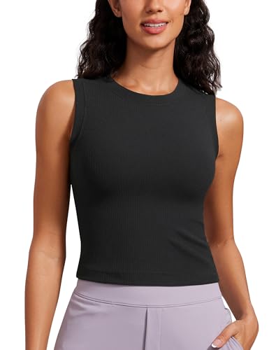 CRZ YOGA Womens Ribbed Tank Tops High Neck Yoga Workout Sleeveless Top Casual Going Out Fitted Tanks Shirts