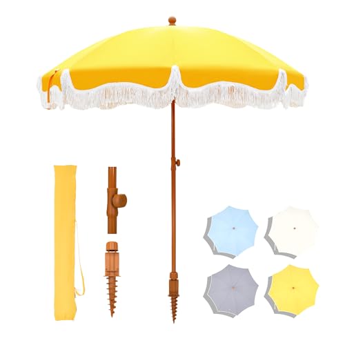MFSTUDIO 7ft Beach Umbrella with Fringe, Tassel Umbrellas UPF50+ with Tilt Button & Crank, Holiday Outdoor Umbrella with Carry Bag, Ideal for Garden Lawn Poolside