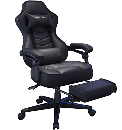 ELECWISH Computer Gaming Chair with Footrest, Ergonomic Gamer Chair for Adults, High Back Adjustable Swivel Desk Chair with Lumbar Support, PU Leather Racing Style Chair, White
