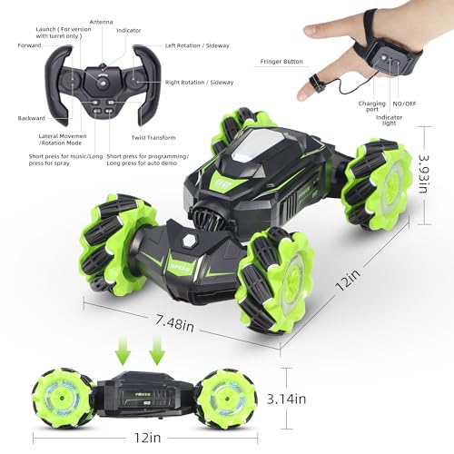 RC Car Shoot Nerf Bullet, Remote Control Hand Gesture Stunt Drift Truck, Hand Remote, 360°Rotating Battle Tanks with Soft Bullets Water Bomb, Spray, Music, Led, Toy Gifts（Green）…