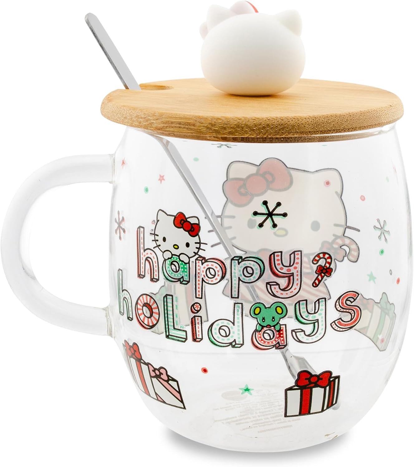 Silver Buffalo Sanrio Hello Kitty Holiday Glass Coffee Mug With Lid and Spoon | Clear Coffee Cup For Tea, Espresso, Cocoa | Holds 17 Ounces