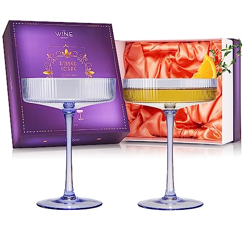 Vintage Art Deco Coupe Glasses, Martini, Champagne & Cocktail Ribbed Glass 7 oz | Set of 2 | Crystal, Manhattan, Cosmopolitan, Sidecar Cocktail Glassware for Champagne , Ripple Glassware - Gift Box