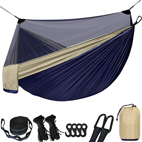 1-2 Person Portable Outdoor Camping Hammock with Mosquito Net High Strength Parachute Fabric Hanging Bed Hunting Sleeping Swing for Yard Beach Backpacking Hiking Travel