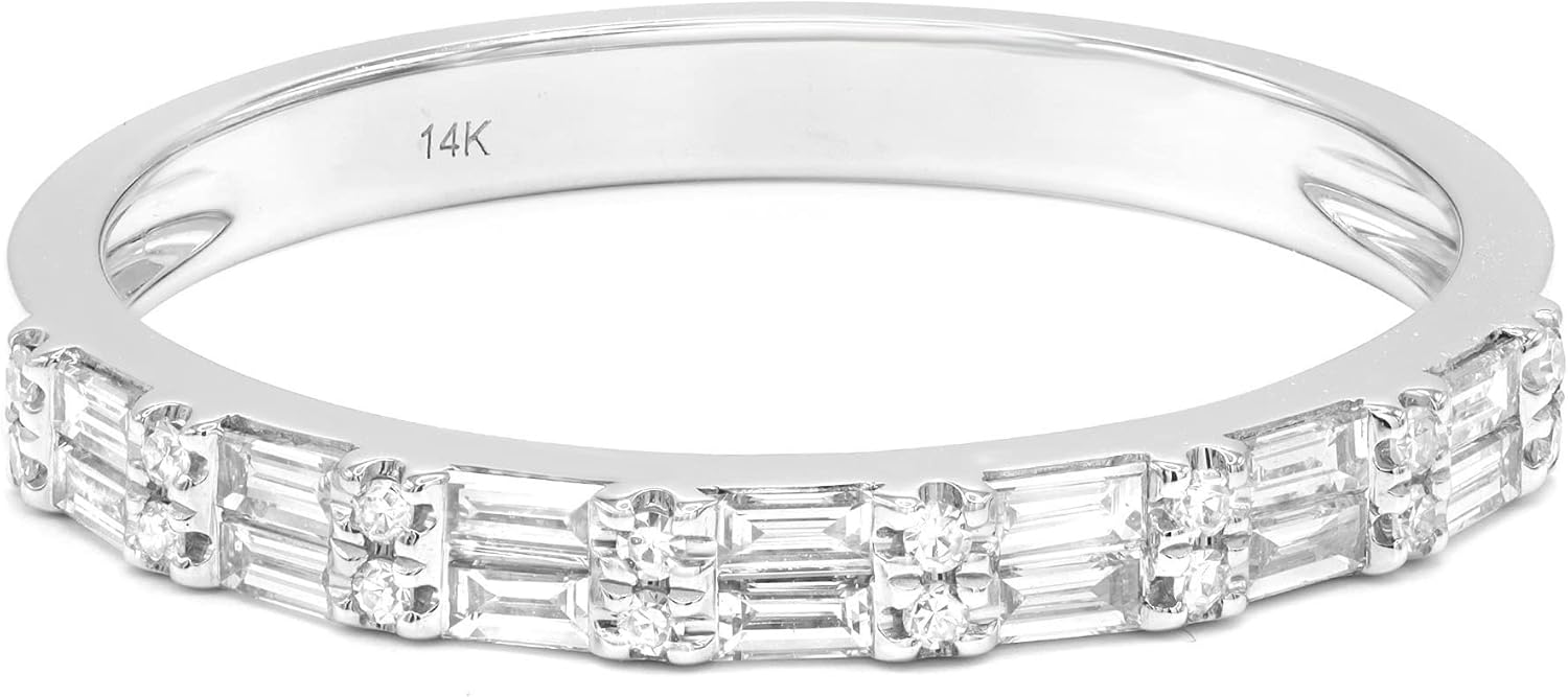 Baguette and Round Cut Diamond Wedding Band 14K White Gold 0.35cttw Size 7.5
