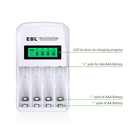 EBL Rechargeable AA Batteries with LCD Battery Charger, 8 Pack of 2800mAh High Capacity Ni-MH AA Rechargeable Battery and Smart Independent Solt Battery Charger