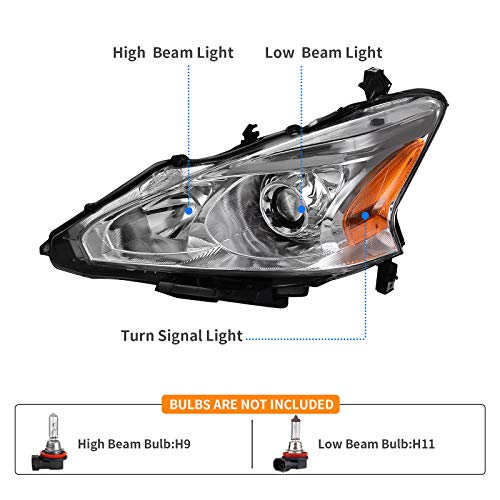 DWVO Headlight Assembly Compatible with 2013-2015 Altima 2013 2014 2015 13 14 15 Altima Base/S/SL/SV (Only 4-Door Sedan Models) Headlamps Replacement Chrome Housing Pair Driver & Passenger Side