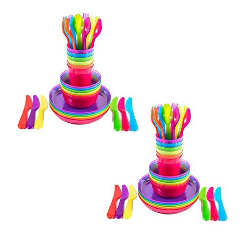 Kids Plastic Dinnerware Set of 36 Multi Color Pieces (Plates, Bowls, Cups and Flatware) - Reusable, BPA-Free, Dishwasher Safe and Microwaveable