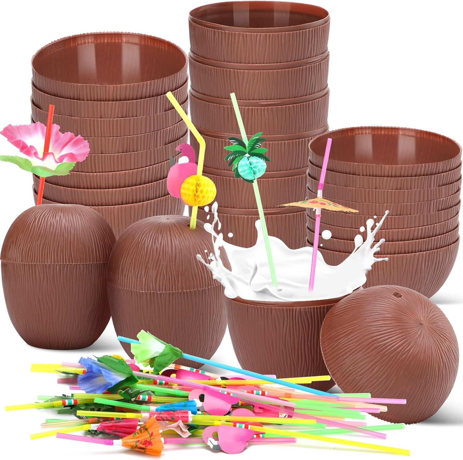 Gerrii 140 Pcs Coconut Cups Hawaiian Party 16 oz Coconut Cups with Straws Set, Plastic Hawaii Party Tropical Coconut Drink Cups with Colorful Straws Hawaiian Summer Beach Party