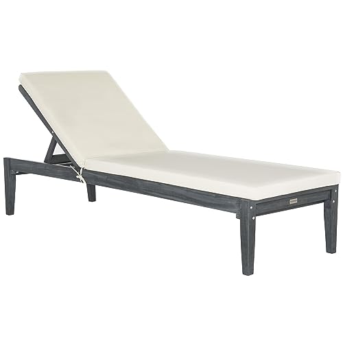 SAFAVIEH Outdoor Collection Azusa Ash Grey Solid Wood/Beige Cushion Adjustable Chaise Lounge Chair (PAT6729B)