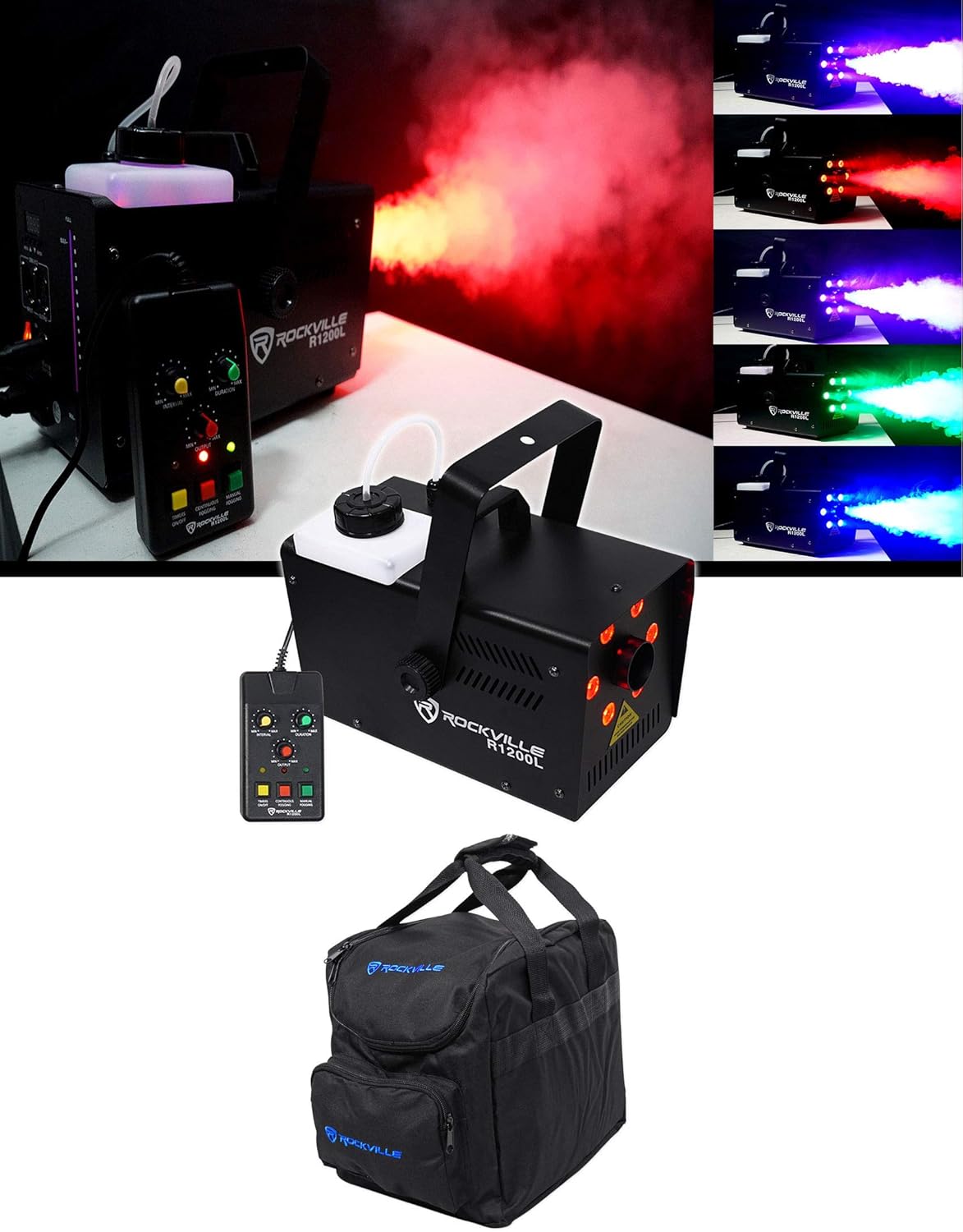 Rockville R1200L Fog/Smoke Machine w LED Lights/Strobe, DMX+2 Remotes+Carry Bag