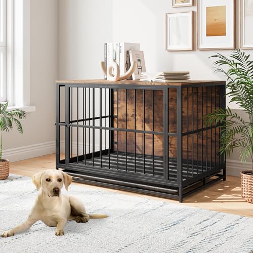 Dog Crate Furniture, Metal and Wooden Dog Crate, Dog Kennels with 2 Doors Indoor, Decorative Mesh Pet Crate End Table for Large Dog, Chew-Resistant Heavy Duty Dog House, Black