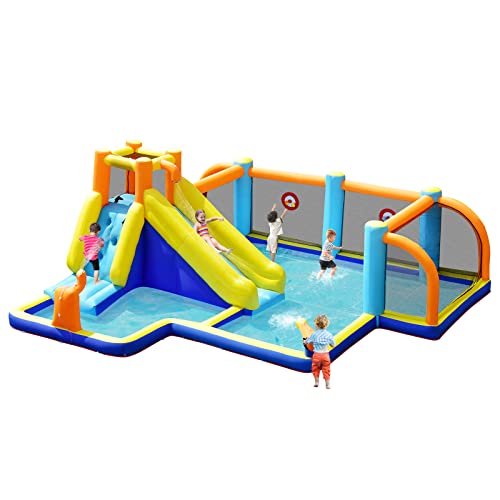 GLACER Inflatable Water Slide, 8-in-1 Blow Up Waterslide with Soccer Zone, Climbing Wall, 2 Water Cannons and Target Game, Water Bounce House with Carry Bag for Kids and Adults (with 735W Air Blower)