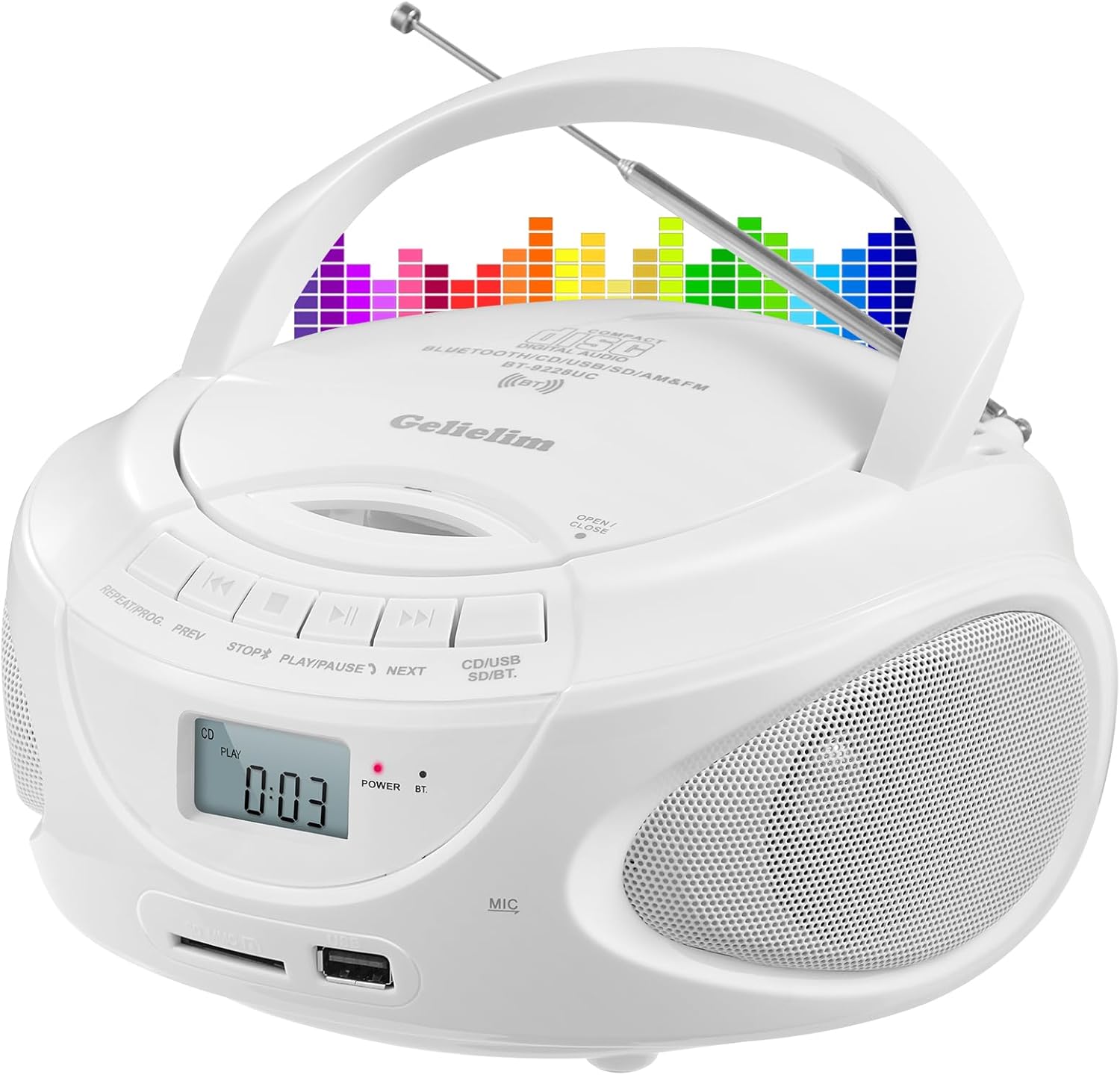 Gelielim Portable CD Player Boombox with Bluetooth, AM/FM Radio, Support CD/USB/SD/AUX, Headphone Jack, Boombox for Indoor Outdoor