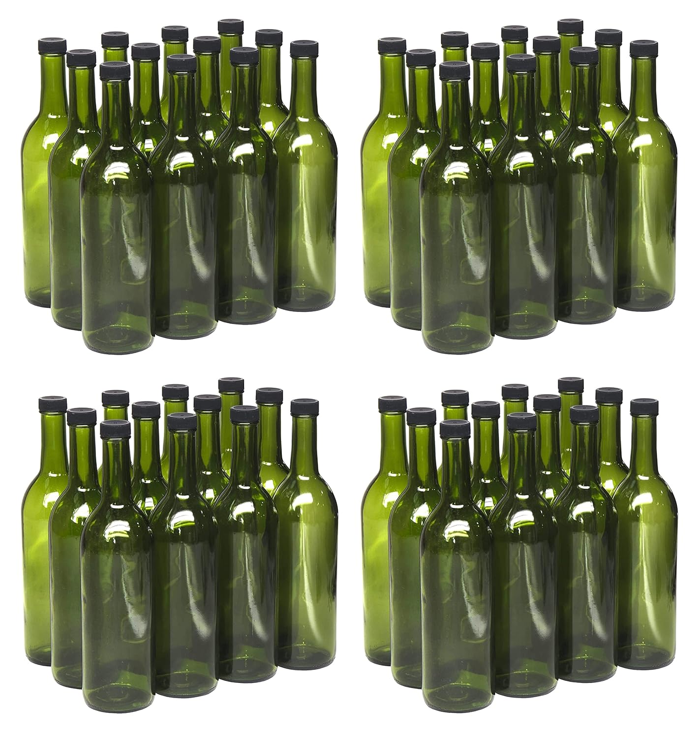 North Mountain Supply 750ml Champagne Green Glass Bordeaux Wine Bottle Flat-Bottomed Screw-Top Finish - with 28mm Black Plastic Lids - 48 Bottles & Lids (4 Cases of 12)