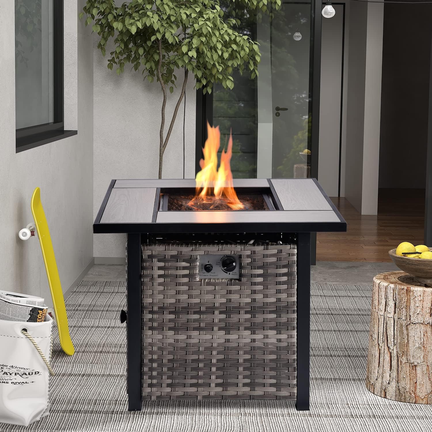 ovios Patio Square Propane Fire Pit Table, 30 inch Outdoor Gas Fire Table with Lid, 50,000 BTU, Wicker Rattan Patio Dinning Table for Porch Backyard Deck (Grey-Large Size)