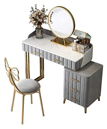 Luxury Dressing Vanity Table w/Stool for Bedroom, Nordic Marble Surface Light Luxury Dressing Table Bedroom Modern Minimalist Storage Cabinet Mini Makeup Table(Style 2 (120cm))
