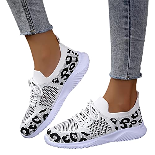 Women's Lace-Up Sneakers Spring Summer Knitted Mesh Breathable Sports Shoes Leopard Print Walking Shoes Lightweight Non-Slip Running Shoes Casual Sneakers Comfortable Road Running Shoes
