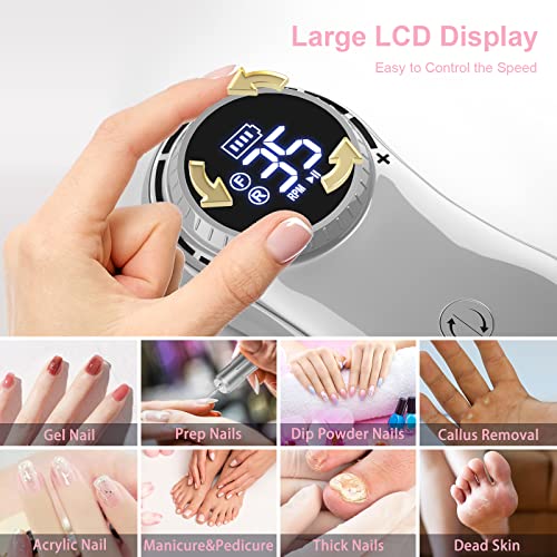 Professional Rechargeable 35000 rpm Nail Drill, Portable Electric E File Machine for Acrylic, Gel Nails, Manicure Pedicure Polishing with 11Pcs Nail Drill Bits and Sanding Bands for Home and Salon Use