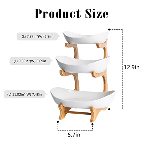 Ceramic Fruit Bowl - White 3 Tier Serving Bowl with Natural Bamboo Rack, Tiered Ceramic Serving Tray Set for Sushi, Dessert, Fruit, Vegetables, Appetizer, Cake, Candy, Chip Dip (White)