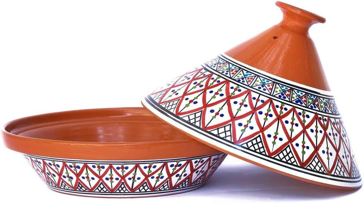 Kamsah Hand Made and Hand Painted Tagine Pot | Moroccan Ceramic Pots For Cooking and Stew Casserole Slow Cooker (Large, Supreme Bohemian Red)