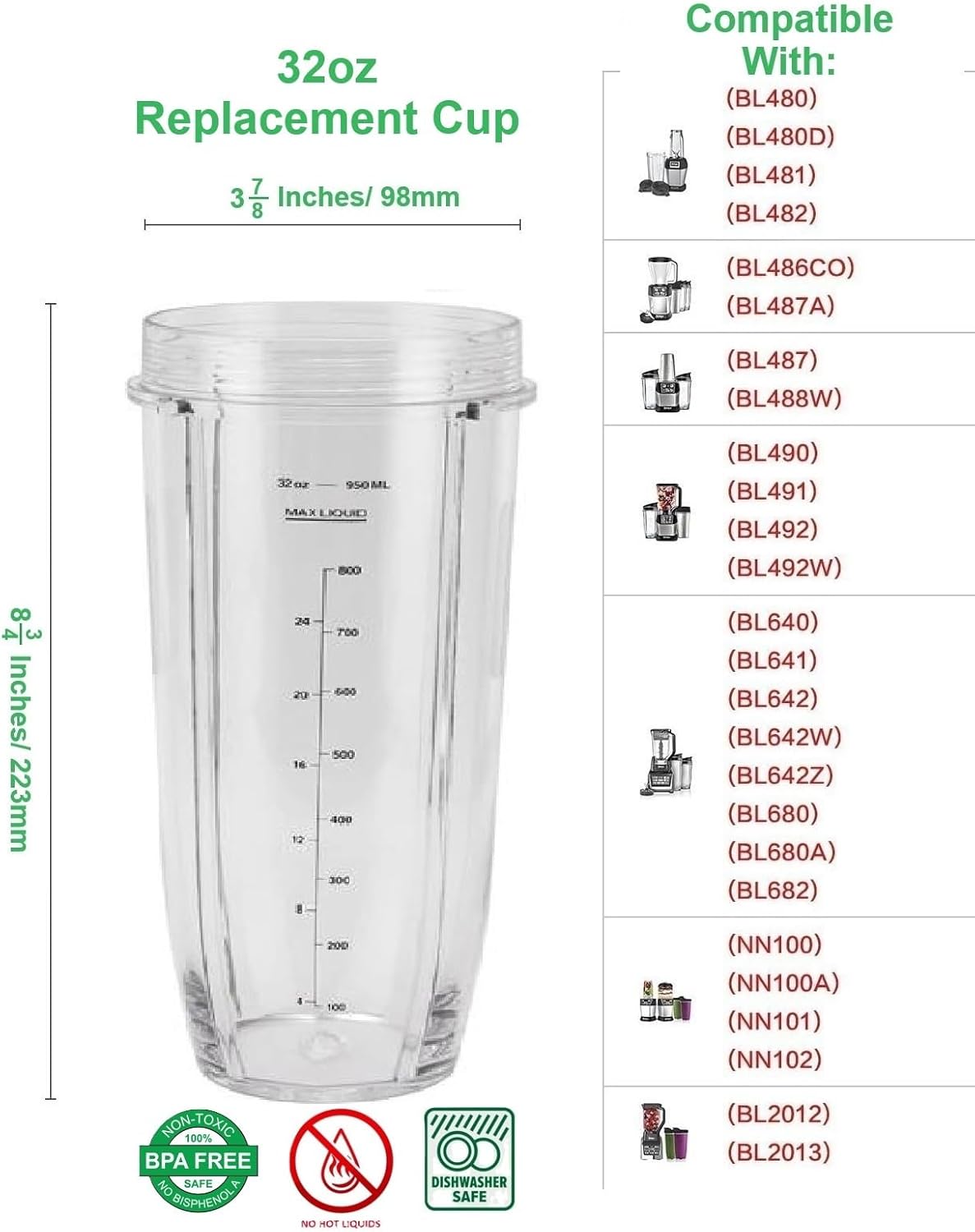 Blendin 32 Ounce Cup with Sip N Seal To Go Lids - Extra Large Replacement Jar Compaible with Nutri Ninja Auto-iQ 1000W and Duo Blenders - Premium Blender Cups Replacement (2 Pack)