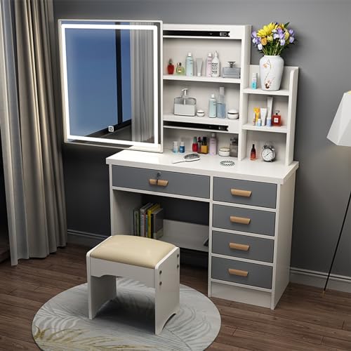 Dressing table vanity with mirror and light, 3 adjustable lighting modes, stool and storage drawers for women and girls, sliding mirror, small vanity table ( Color : Haze Blue , Size : 80*38*130cm )