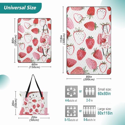 Strawberry Watercolor Picnic Blankets - Extra Large Waterproof Foldable Portable Picnic Blanket, 60''x80'' Beach Blanket Outdoor Mat for Grass Park, Hiking, Travel