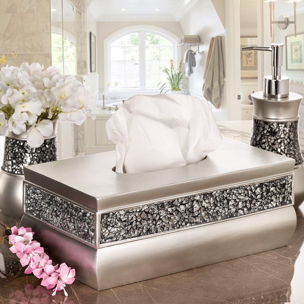 Creative Scents Silver Tissue Box Cover Rectangular - Decorative Bling Tissue Box Holder With Beautiful Mosaic Glass - Elegant Tissue Holder For Bathroom With Durable Bottom Slider (Silver Collection)