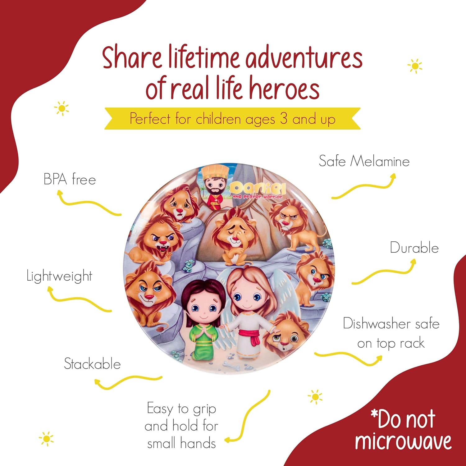 HE LOVES ME Christian Toddler plates and bowl set Daniel Includes Round Plate, Divided Plate, Bowl, Placemat and Cup- Baby and Toddler Dinnerware Feeding Essentials, 5 Pieces.