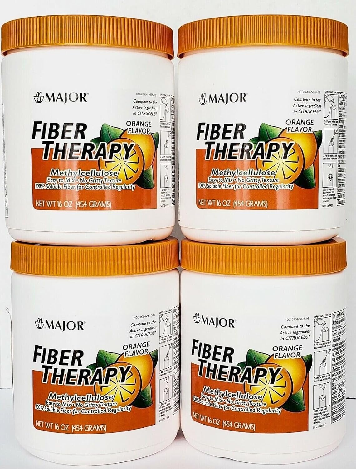 Major Fiber Therapy Easy to Mix Non-Gritty Texture Orange Flavor Methylcellulose 100% Soluble Fiber for Controlled Regularity - 16 Oz