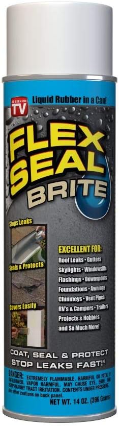 Flex Seal, 14 oz, Brite, Stop Leaks Instantly, Waterproof Rubber Spray On Sealant Coating, Perfect for Gutters, Wood, RV, Campers, Roof Repair, Skylights, Windows, and More
