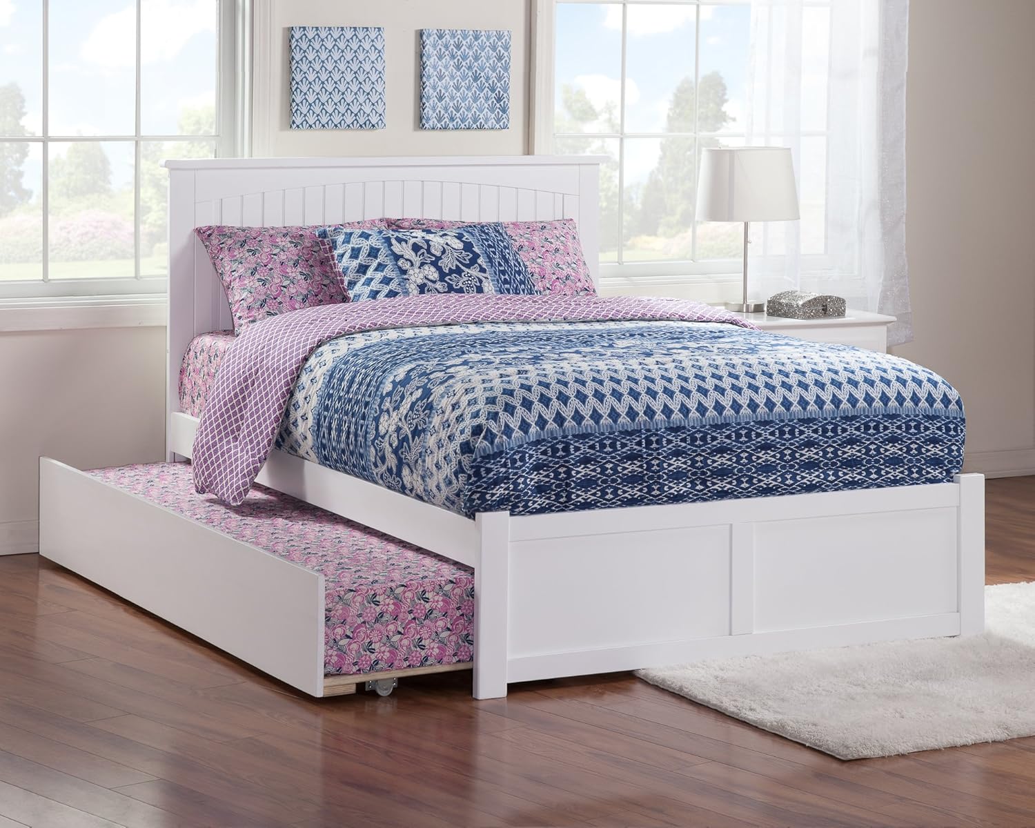 AFI Nantucket Queen Platform Bed with Footboard and Turbo Charger with Twin Extra Long Trundle in White
